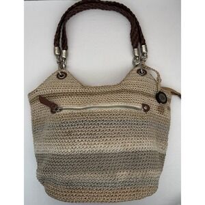THE SAK "INDIO" Crochet Beige Sand Striped Shoulder Bag Boho Purse Knit